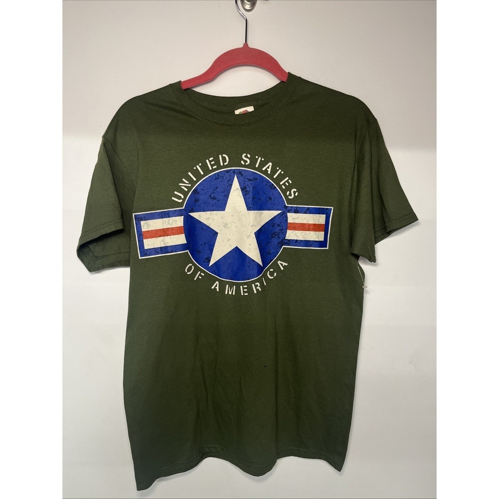 Patriotic USA Graphic T Shirt Mens Medium Olive Green Military Style Cotton Tee
